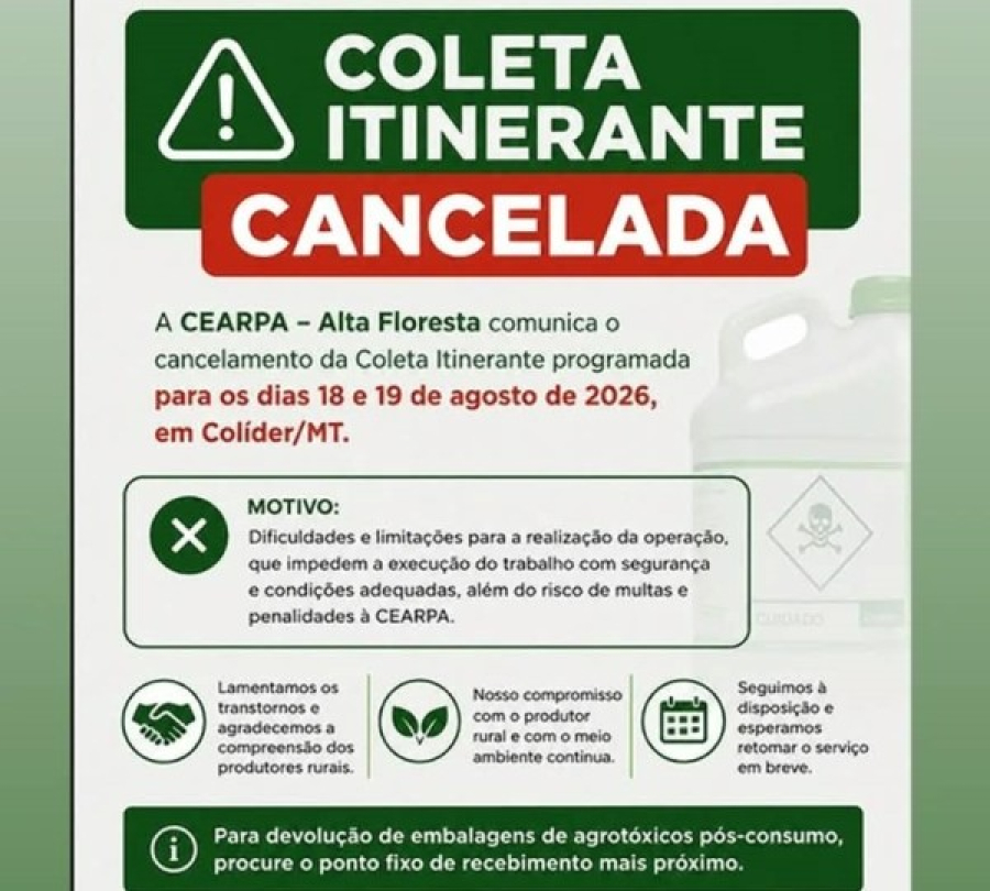 Coleta itinerante de embalagens de agrotóxicos é cancelada em Colíder